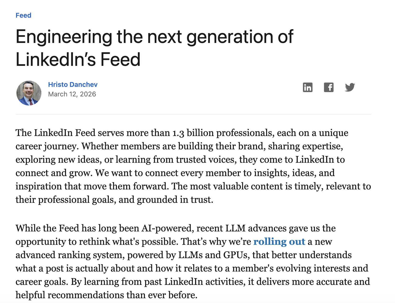 LinkedIn Engineering Blog: Engineering the next generation of LinkedIn's Feed, March 12, 2026
